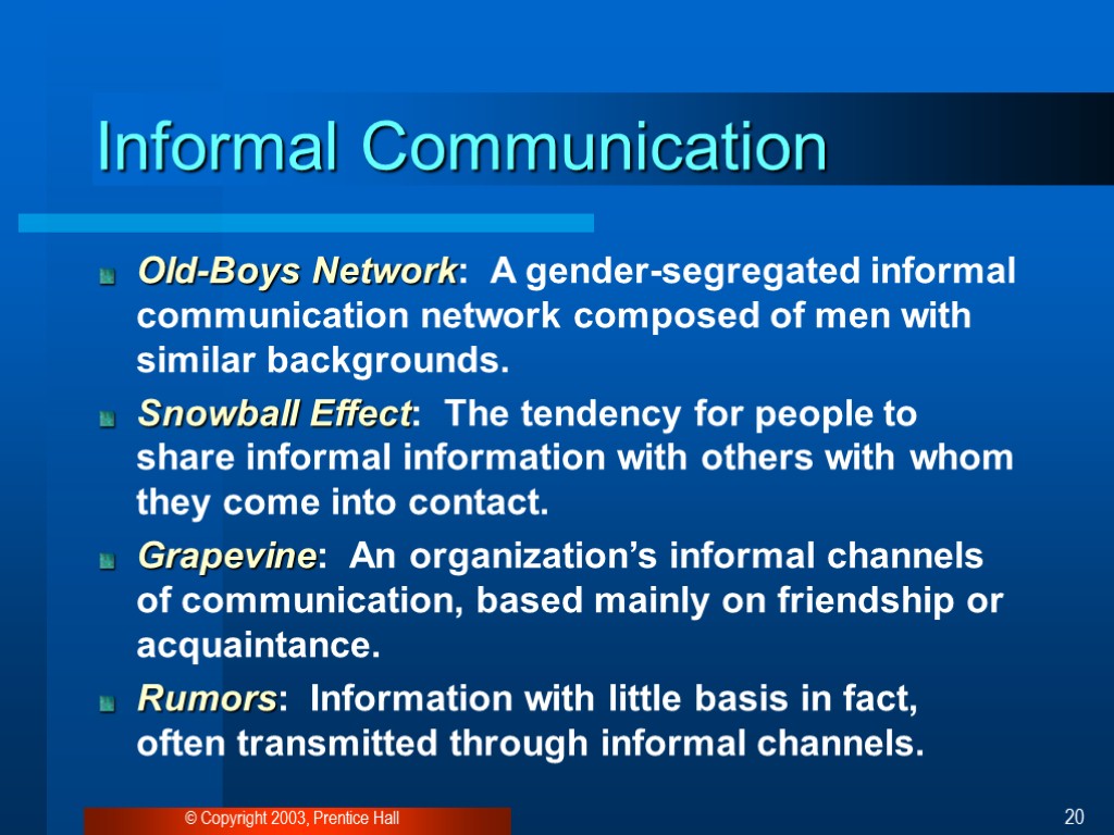 © Copyright 2003, Prentice Hall 20 Informal Communication Old-Boys Network: A gender-segregated informal communication